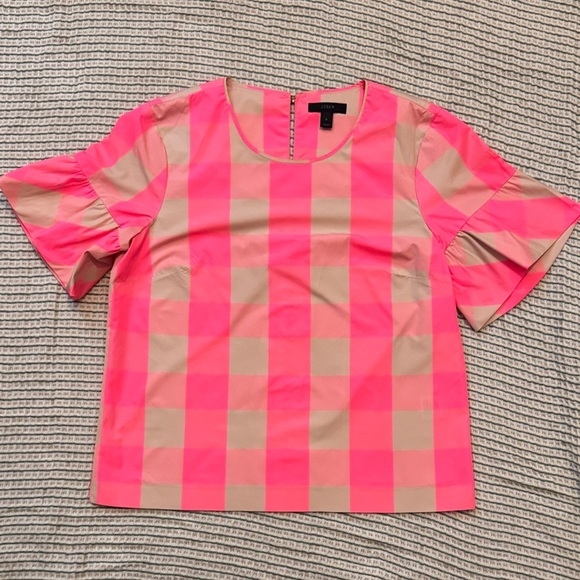 J. Crew Tops - J.Crew Neon Pink & Tan Gingham Top | Ruffle Sleeve | Statement Blouse